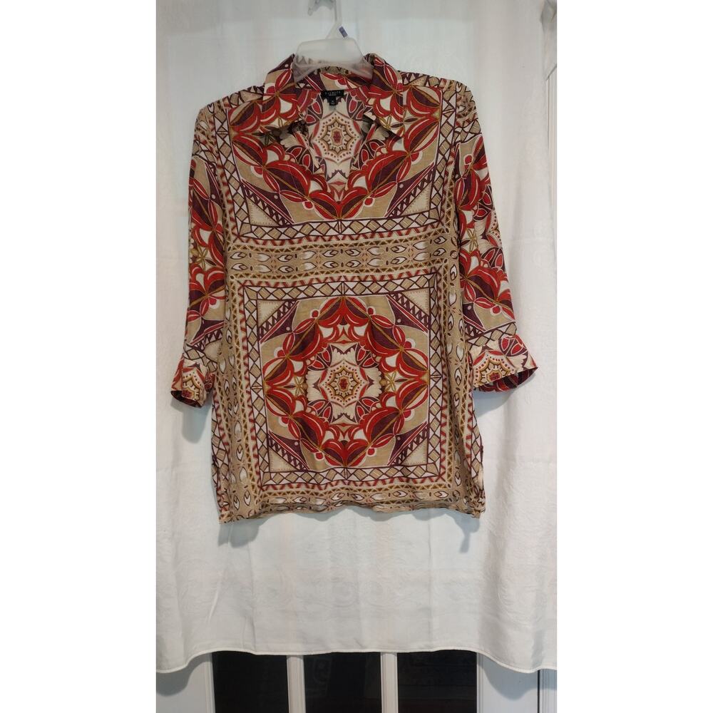 Talbots Sz 10 Linen Silk Blend Tan Red Blouse Shirt 3/4 Sleeve Boho Preppy Tunic
